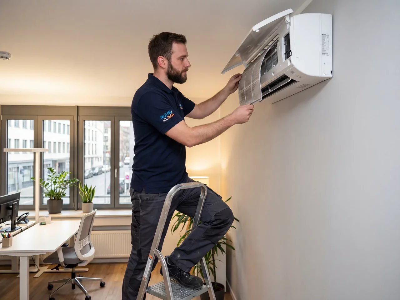 Filterwechsel an einer Klimaanlage durch Techniker