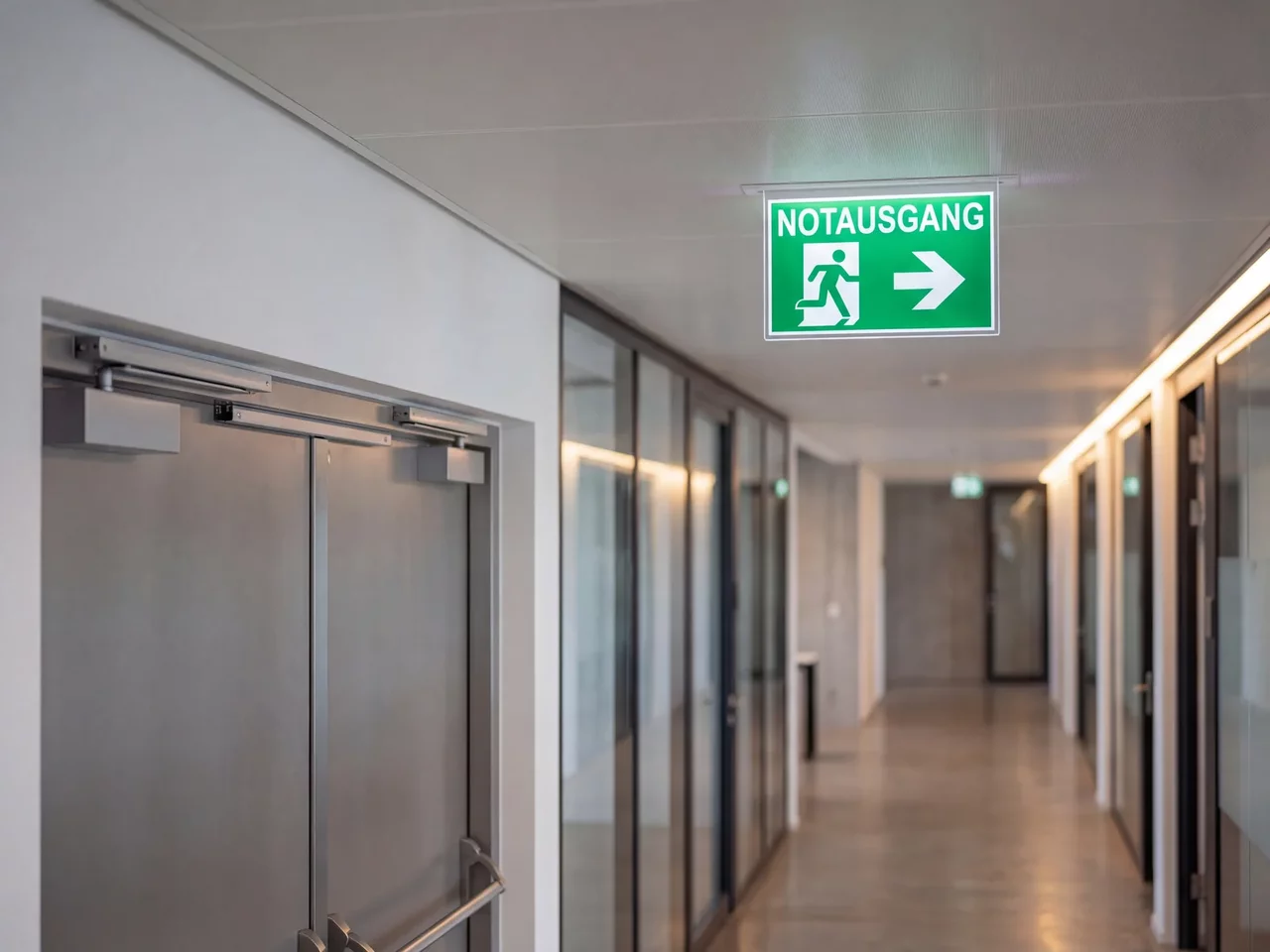 Notausgangsschild mit LED-Beleuchtung in einem Flur