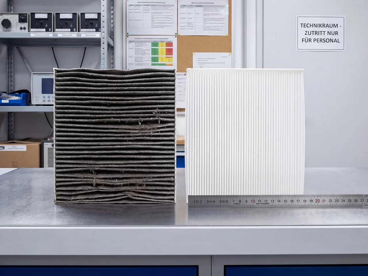 Detailaufnahme eines verschmutzten Luftfilters in einer RLT-Anlage