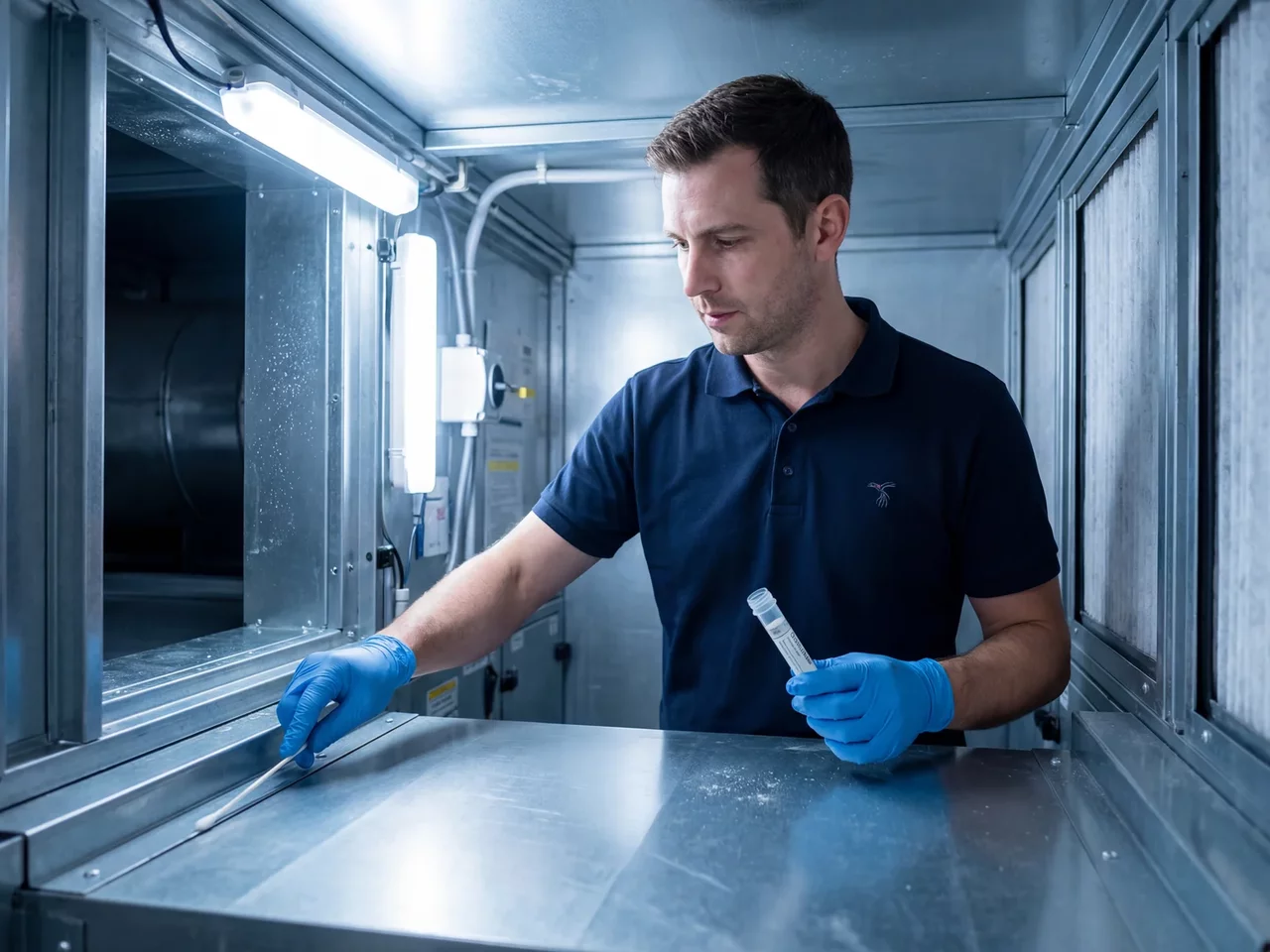 Hygienischer Oberflächenabstrich an einer RLT-Anlage