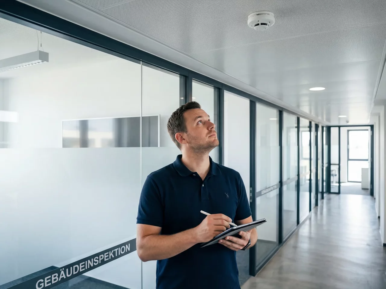Facility Manager bei Gebäuderundgang mit Checkliste