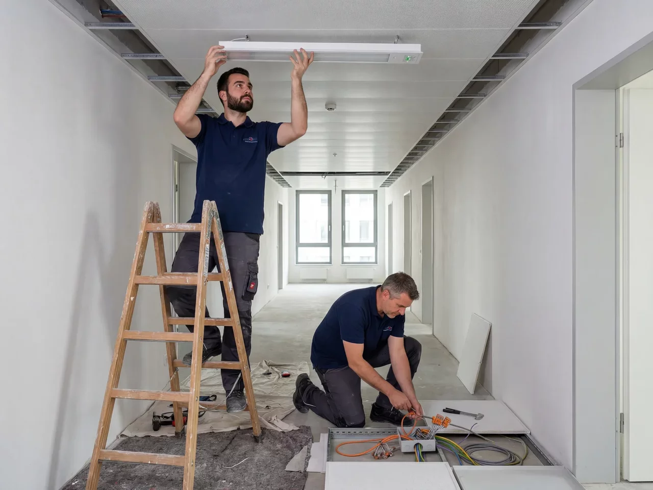 Elektrotechniker-Team bei Installation von Sicherheitsbeleuchtung