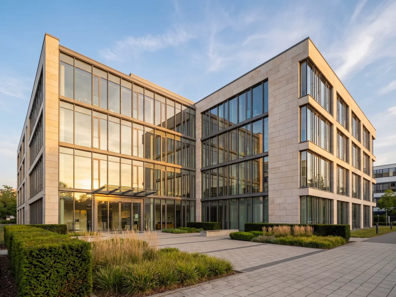 Modernes Gewerbegebäude mit begrünter Fassade